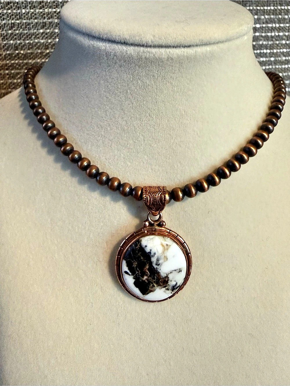 Copper White Buffalo Stone Round Statement Pendant Southwestern Western